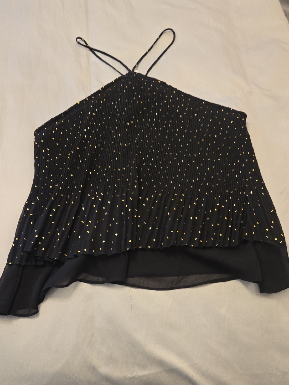 Black Pleated Layered Spaghetti Strap Top with Gold Dot Accent